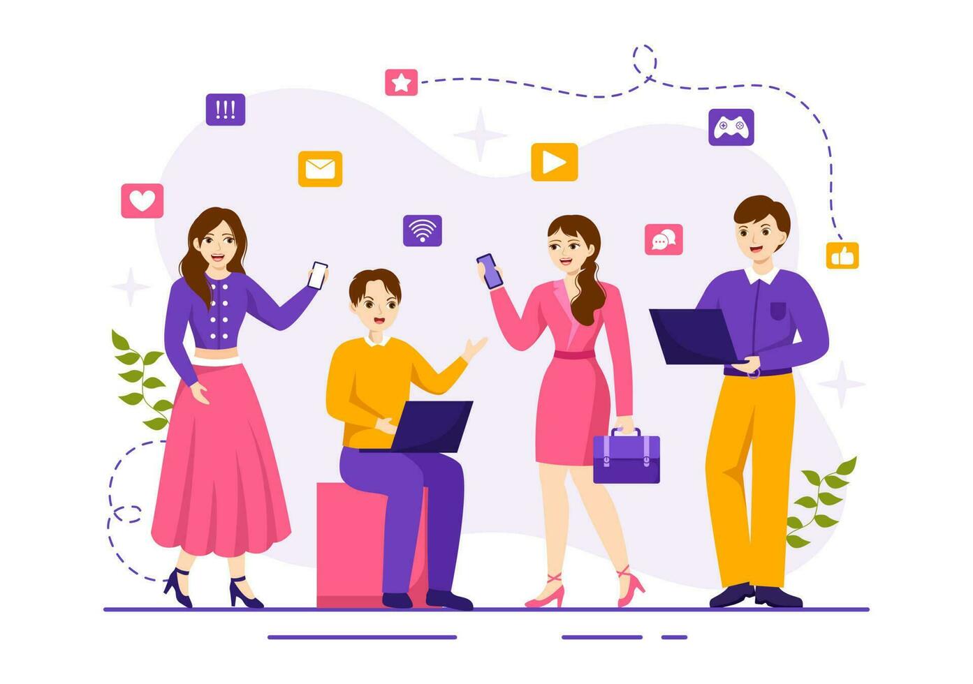 Internet Addiction Vector Illustration with Young People Addicted to Using Devices Such as Laptop or Smartphone in Flat Cartoon Hand Drawn Templates