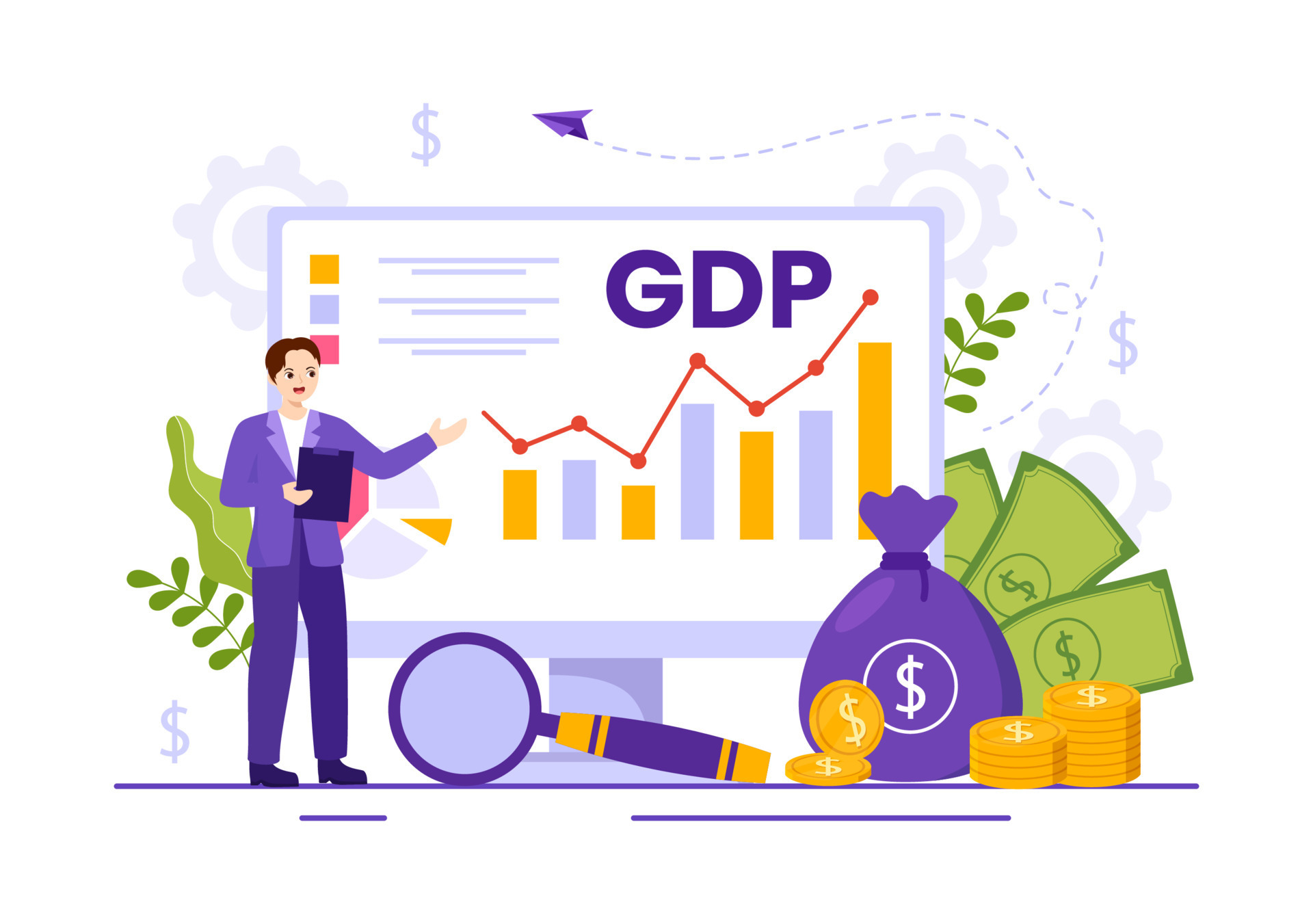 GDP or Gross Domestic Product Vector Illustration with Economic Growth Column and Market