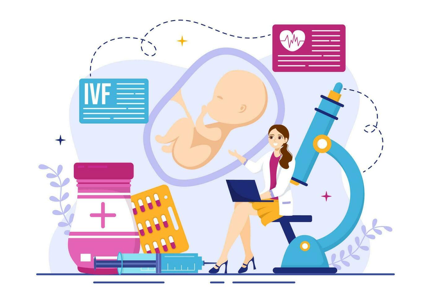 FIV o en vitro fertilización vector ilustración para artificial inseminación acerca de el embarazo y doctores investigación fecundado huevo dibujos animados modelo