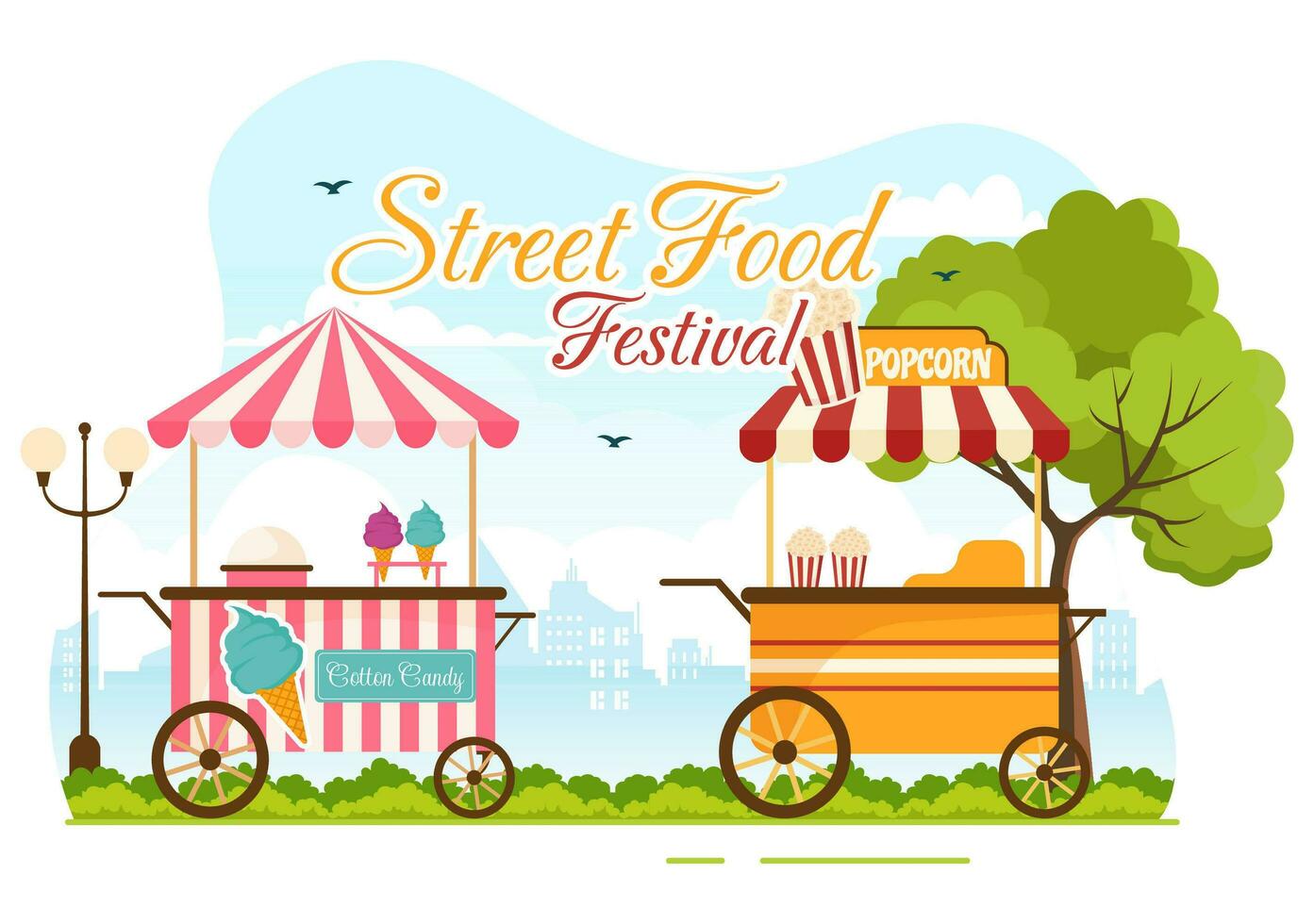 Street Food Festival Event Vector Illustration with People and Foods Trucks in Summer Outdoor City Park in Flat Cartoon Hand Drawn Templates