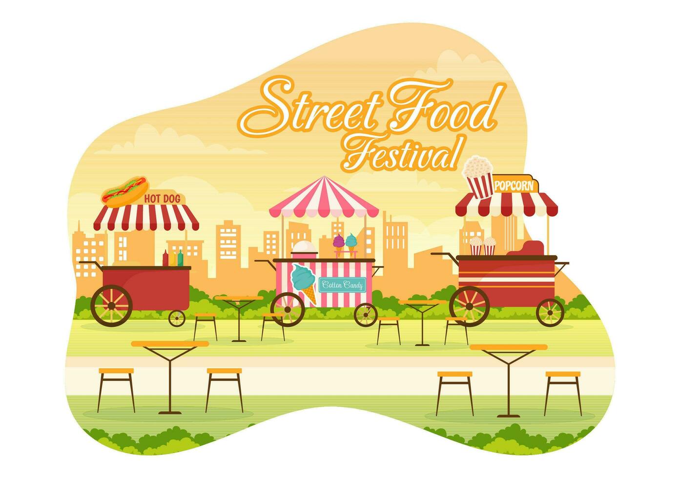 Street Food Festival Event Vector Illustration with People and Foods Trucks in Summer Outdoor City Park in Flat Cartoon Hand Drawn Templates