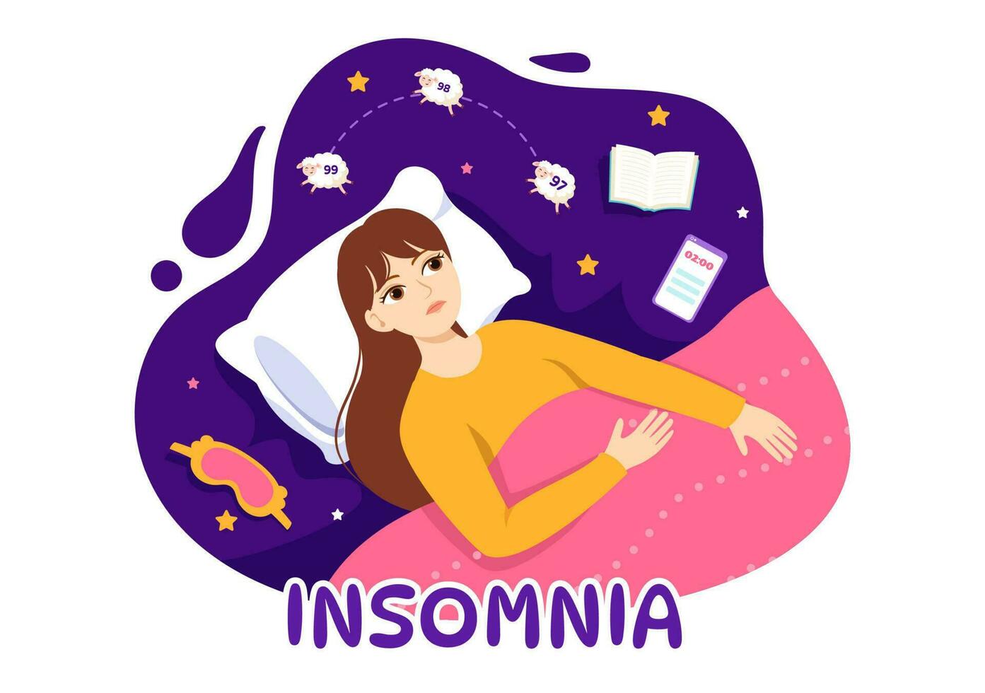 Insomnia Vector Illustration with Young People Unable to Sleep, Thinking and Eyes Open at Night Bedroom in Flat Cartoon Hand Drawn Templates