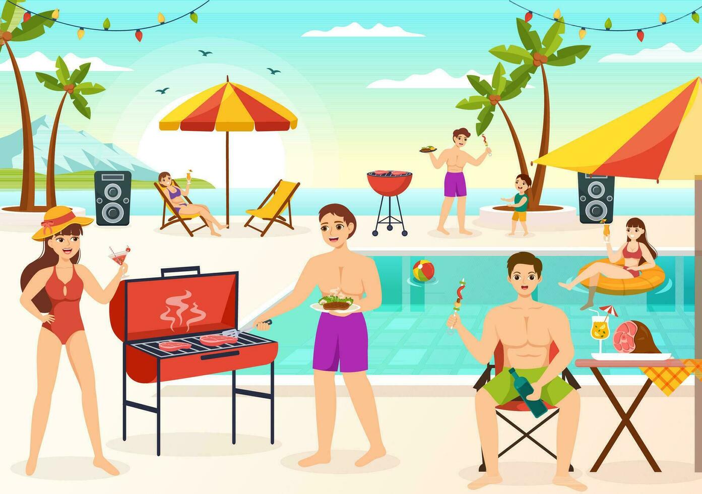Barbecue and Grill Set Vector Illustration People Grilling or BBQ Party Food at Park in Festival and Summer Cooking Cartoon Hand Drawn Templates