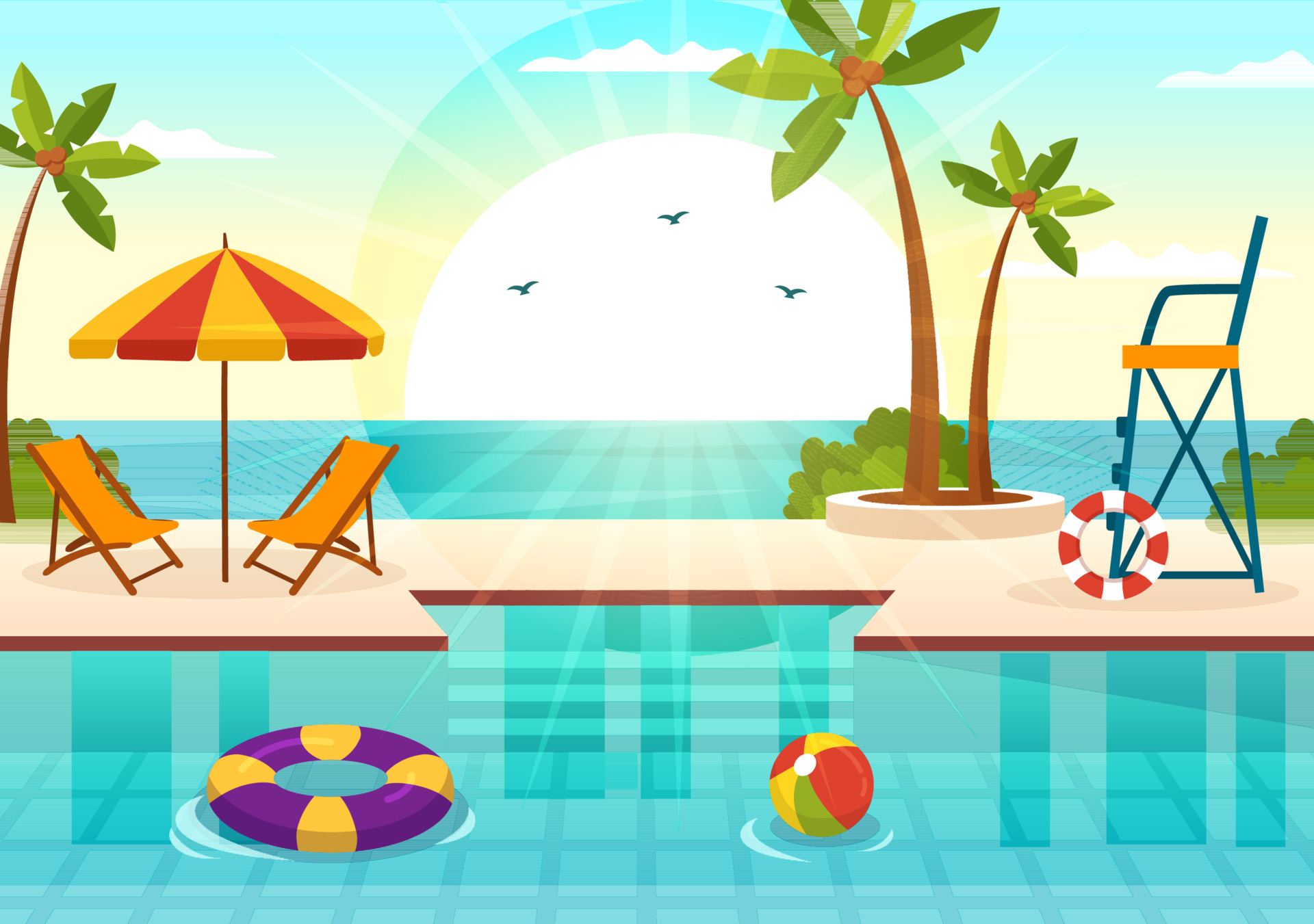 Swimming Pool Vector Illustration with Summer Vacation Landscape ...