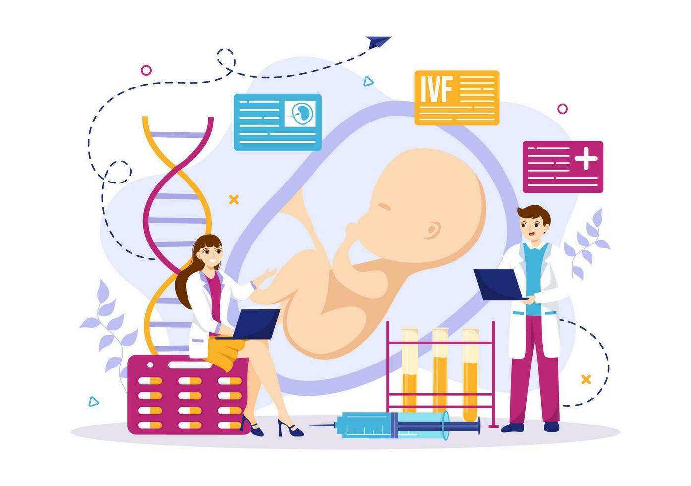 FIV o en vitro fertilización vector ilustración para artificial inseminación acerca de el embarazo y doctores investigación fecundado huevo dibujos animados modelo