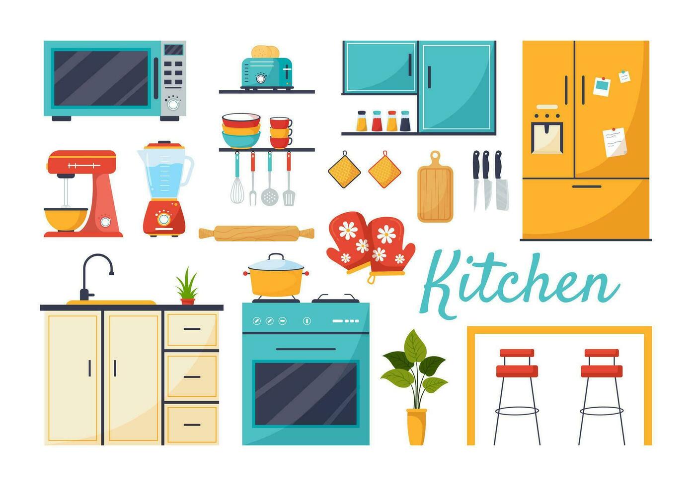 Kitchen Architecture Vector Illustration with Furniture and Interior such as Table, Stove and Fridge in Flat Cartoon Hand Drawn Background Templates