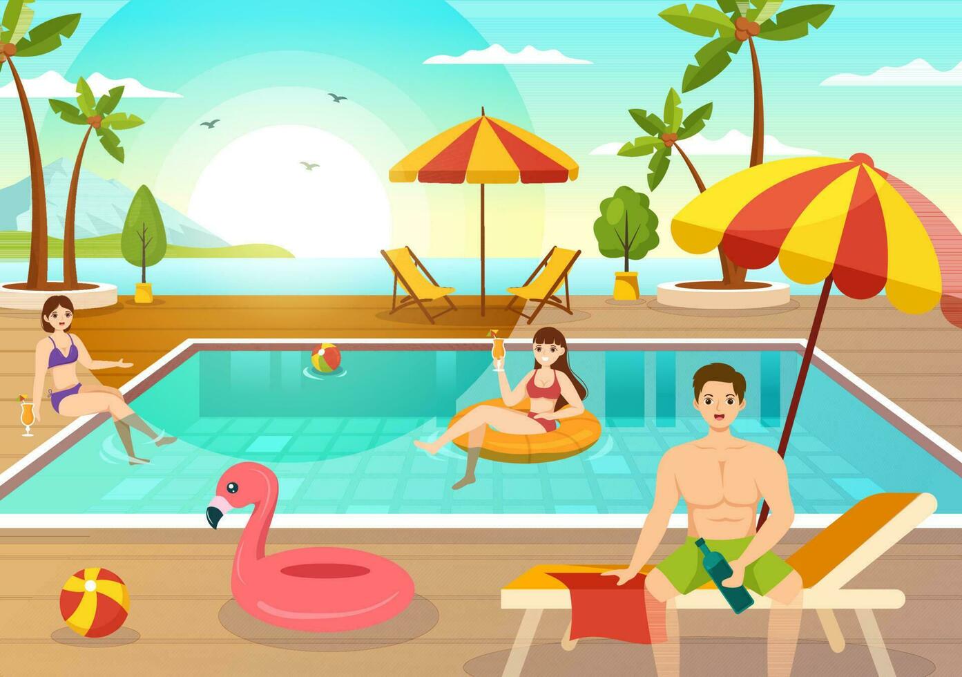 Swimming Pool Vector Illustration with Summer Vacation Landscape Concept and Swim Summer Activity in Flat Cartoon Hand Drawn Background Templates