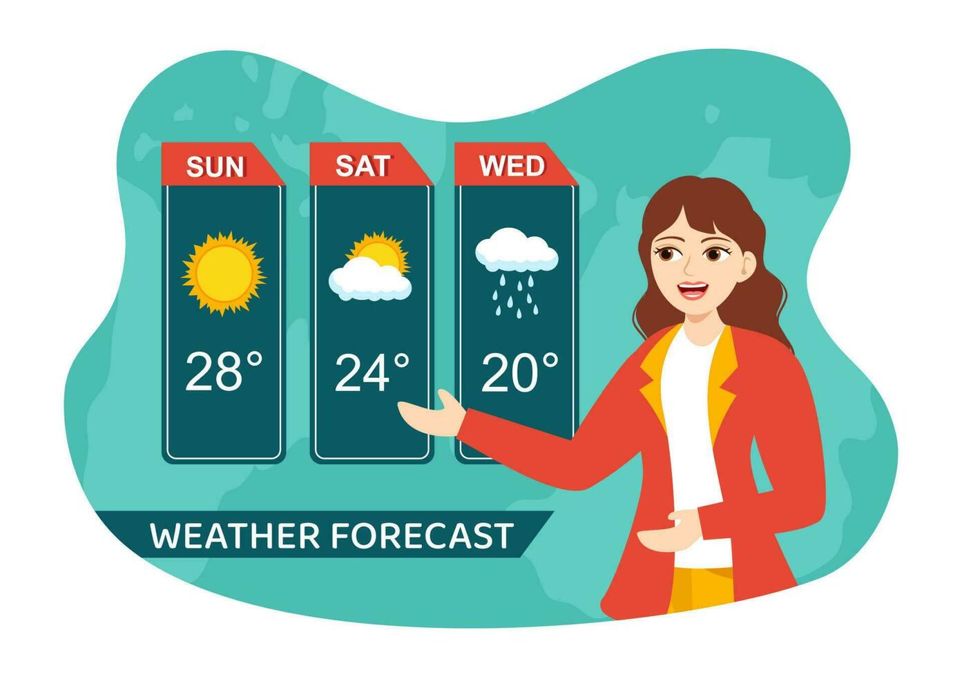 meteorólogo vector ilustración con clima pronóstico y atmosférico precipitación mapa en plano dibujos animados mano dibujado aterrizaje página plantillas