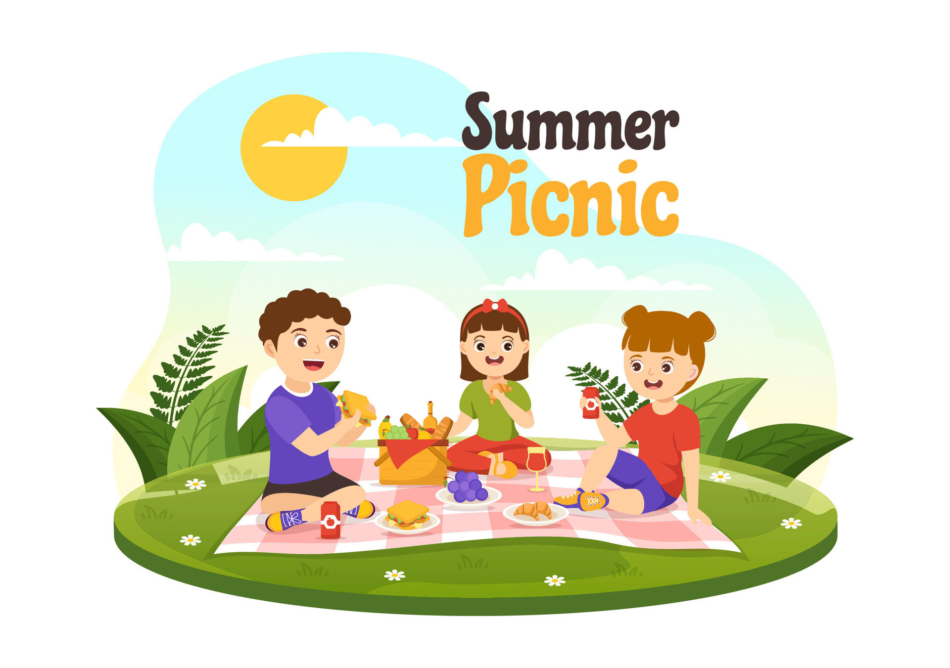 Picnic Outdoors Vector Illustration of Kids Sitting on a Green Grass in