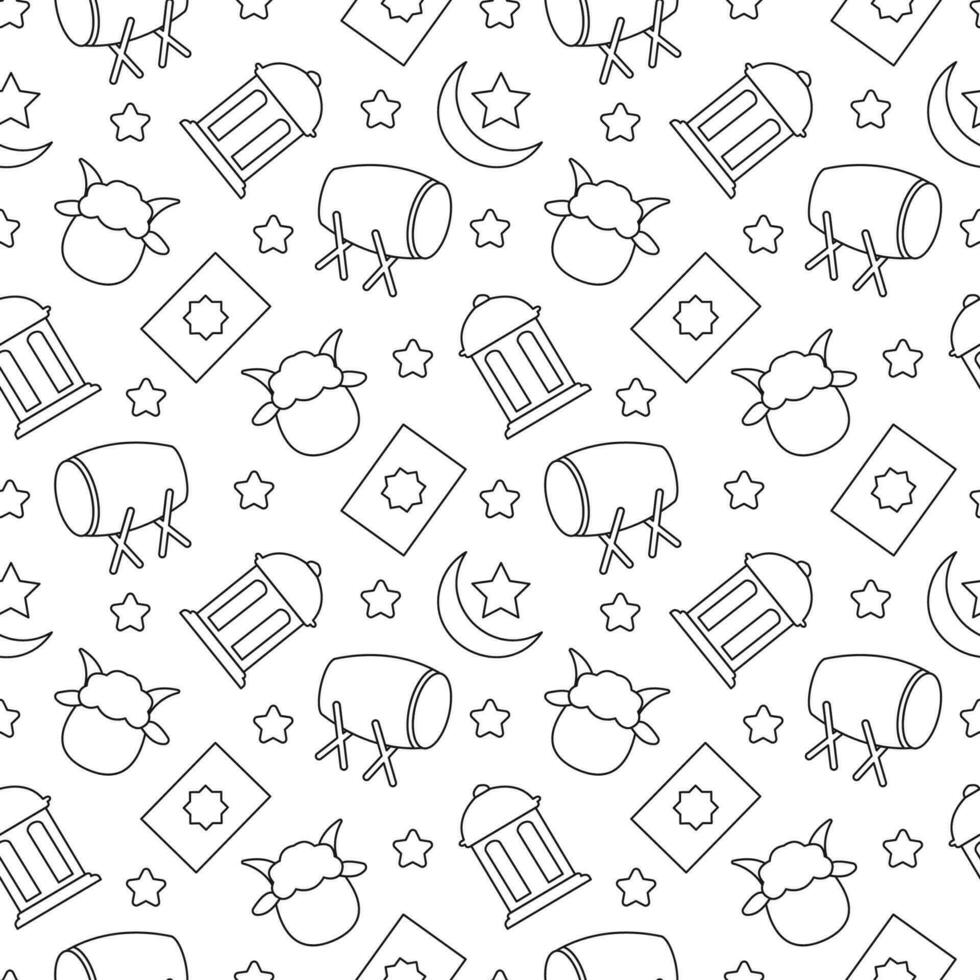 Happy Eid Al Adha Mubarak Seamless Pattern of Muslims Celebration with Sacrificial Animals in Template Hand Drawn Cartoon Flat Illustration vector