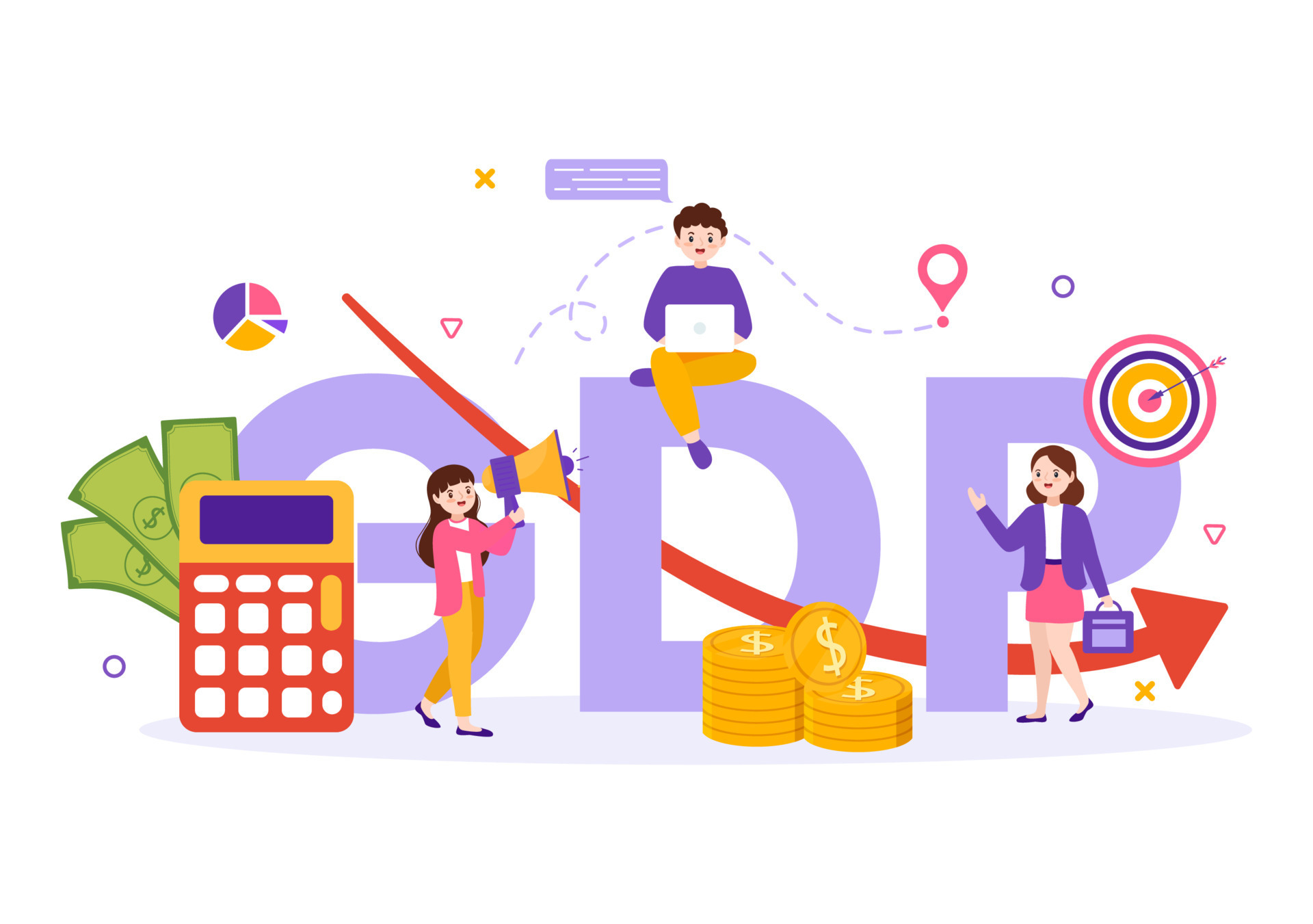 GDP or Gross Domestic Product Vector Illustration with Economic Growth Column and Market