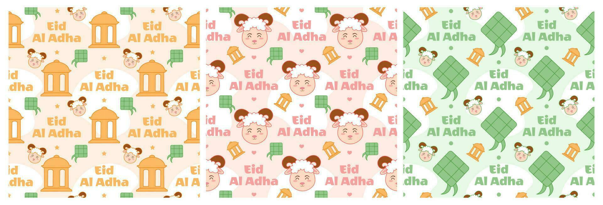 Set of Happy Eid Al Adha Mubarak Seamless Pattern of Muslims Celebration with Sacrificial Animals in Template Hand Drawn Cartoon Flat Illustration vector