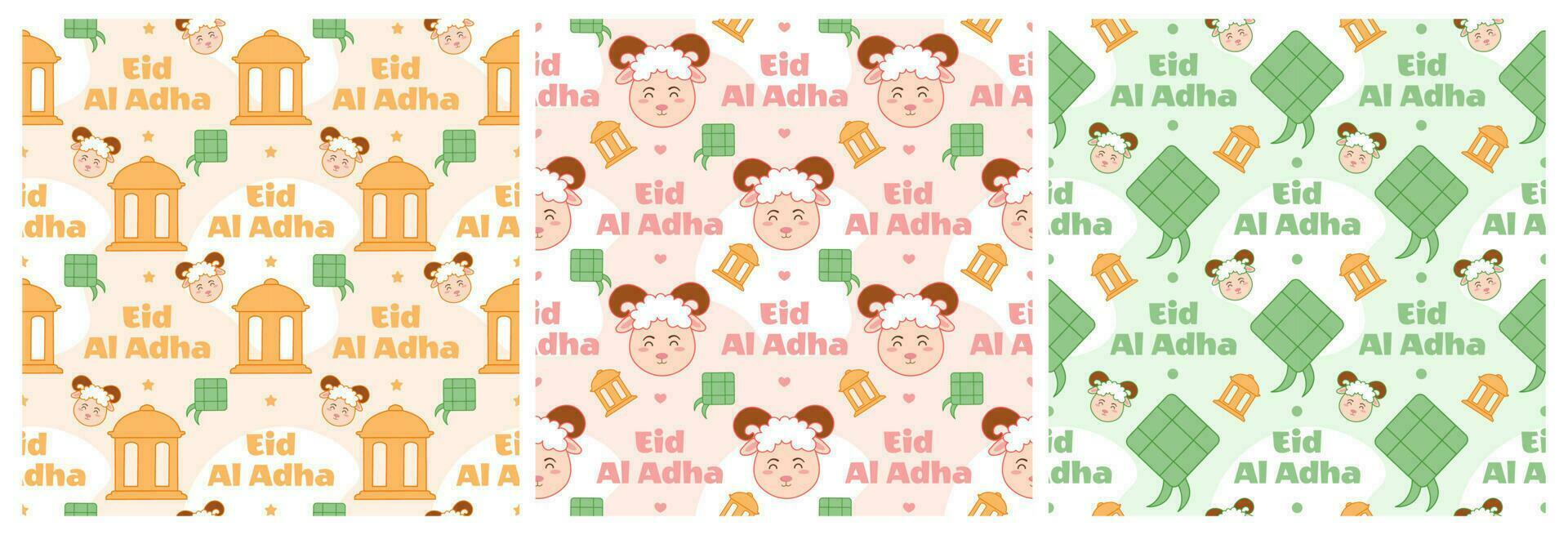 Set of Happy Eid Al Adha Mubarak Seamless Pattern of Muslims Celebration with Sacrificial Animals in Template Hand Drawn Cartoon Flat Illustration vector