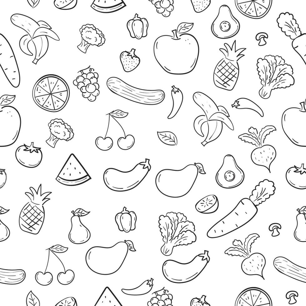 frutas y vegetales sin costura modelo con linda negro y blanco garabatear estilo adecuado para antecedentes o ilustración vector