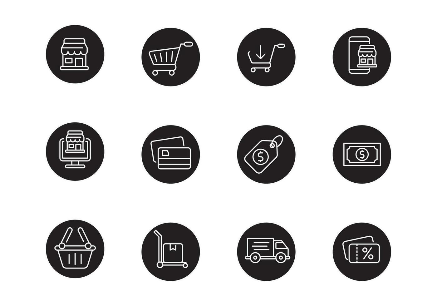 Set of e-commerce icons in round shape with black and white color isolated on white background vector