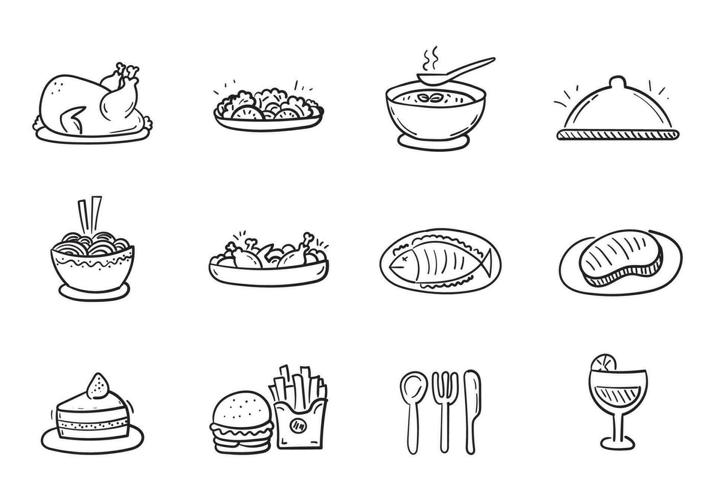 Set of foods vector illustration in cute doodle style isolated on white background