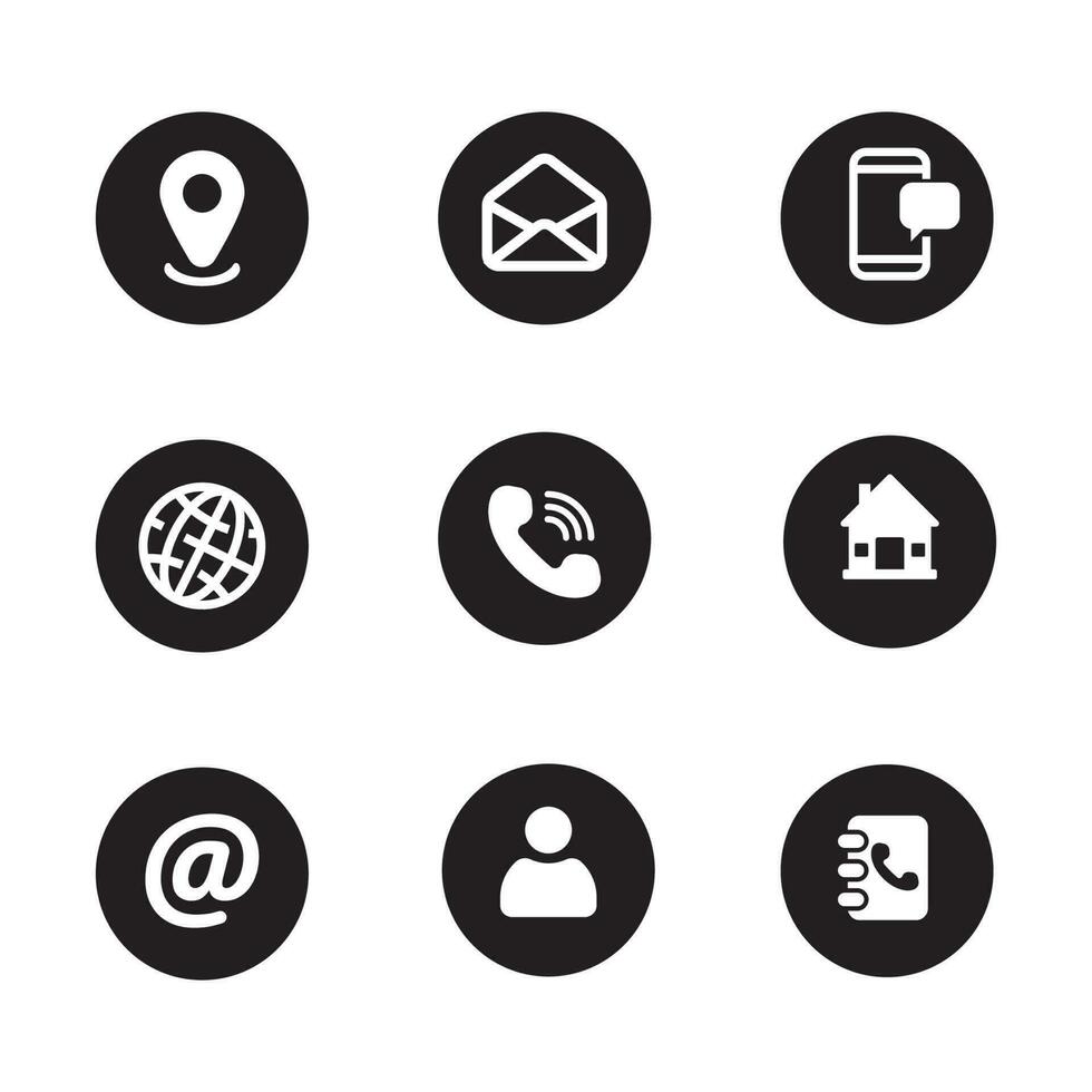 Set contact icon with black and white color in a round shape isolated on white background vector