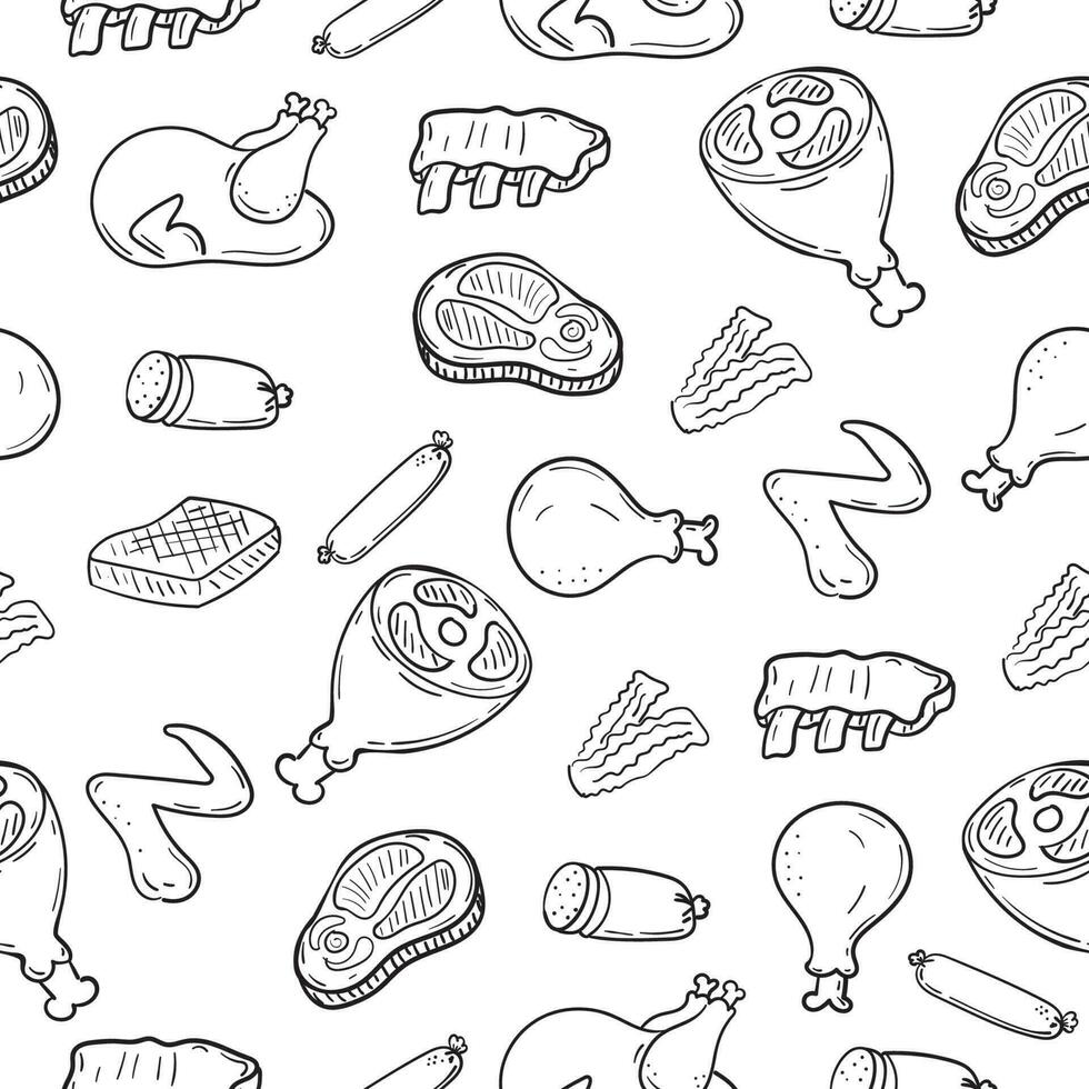 Seamless meat doodle pattern with a black and white color suitable for the background vector