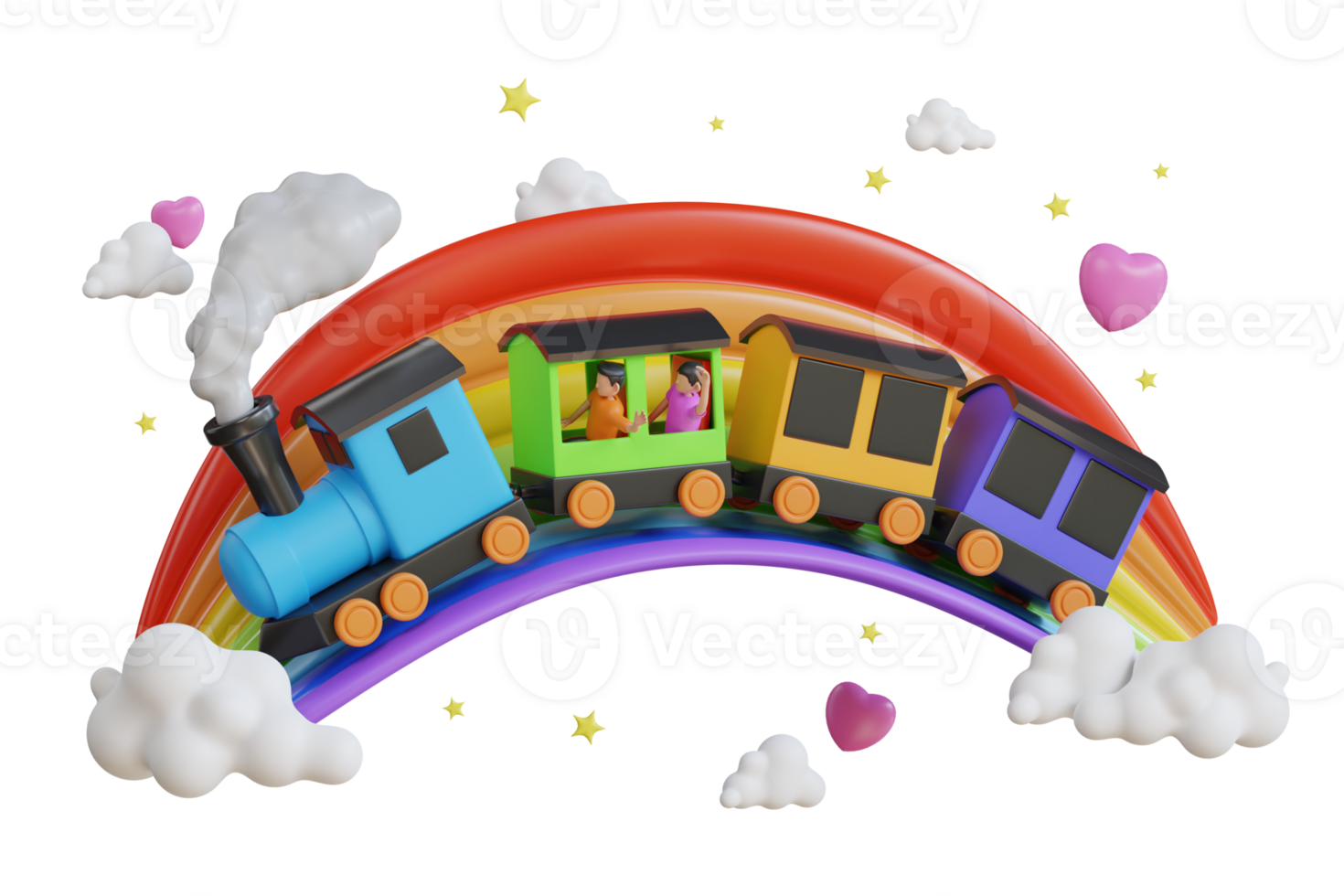 3D Illustration of Kids on a Toy Train. Toy train, 3d image of a colorful locomotive, wagons and railroad. png