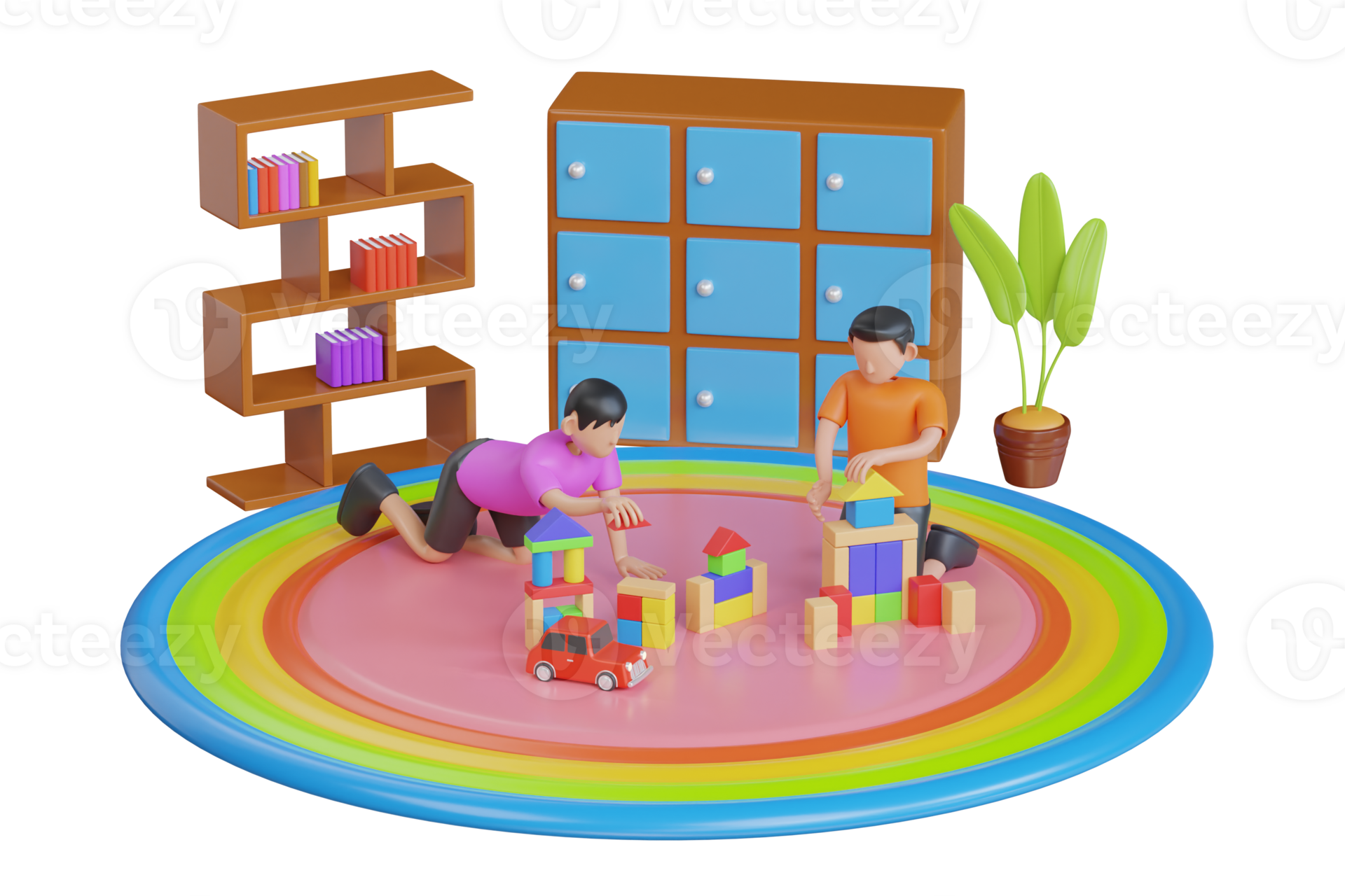3d illustration of children playing with colorful toy blocks. playing