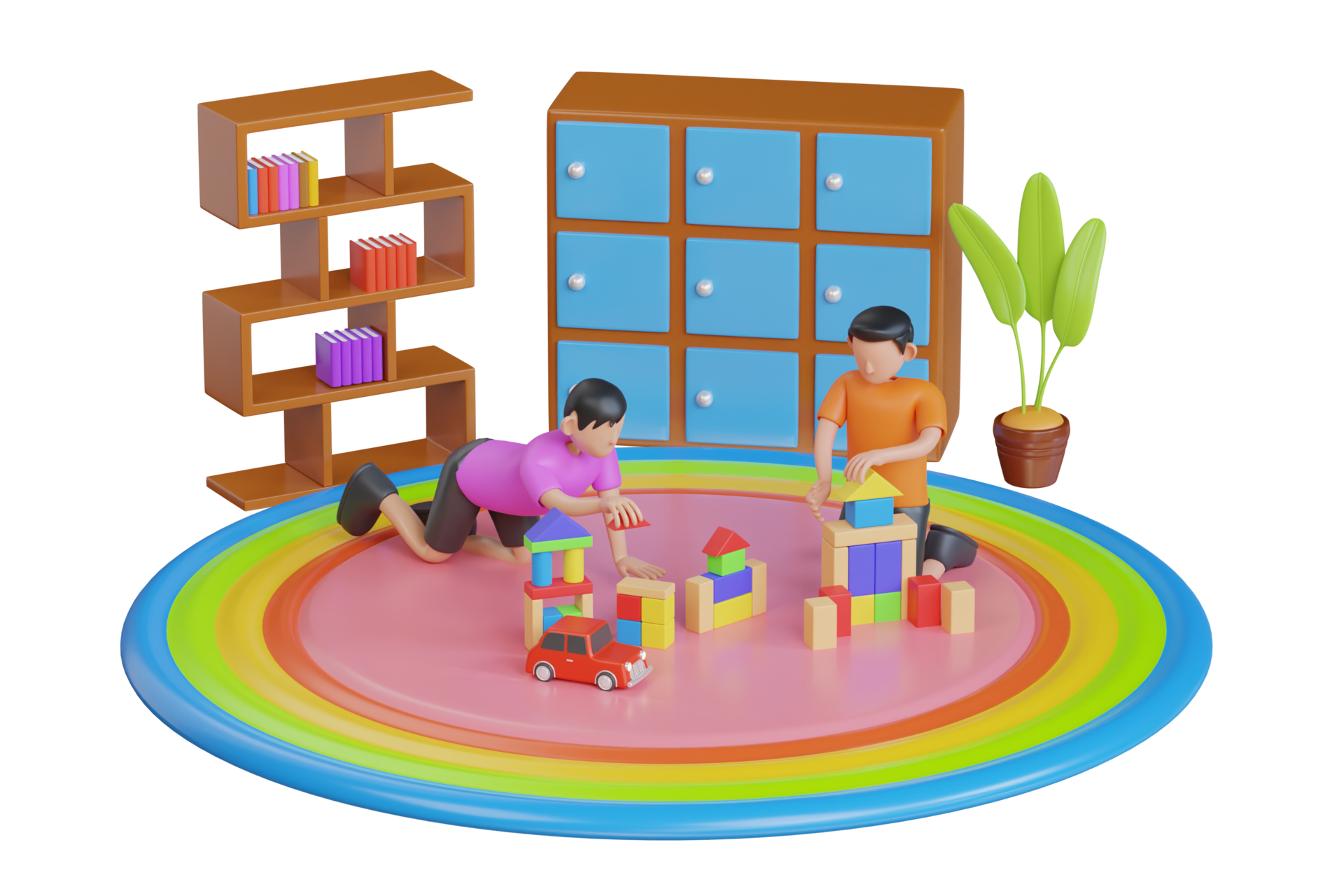 3d illustration of children playing with colorful toy blocks. playing