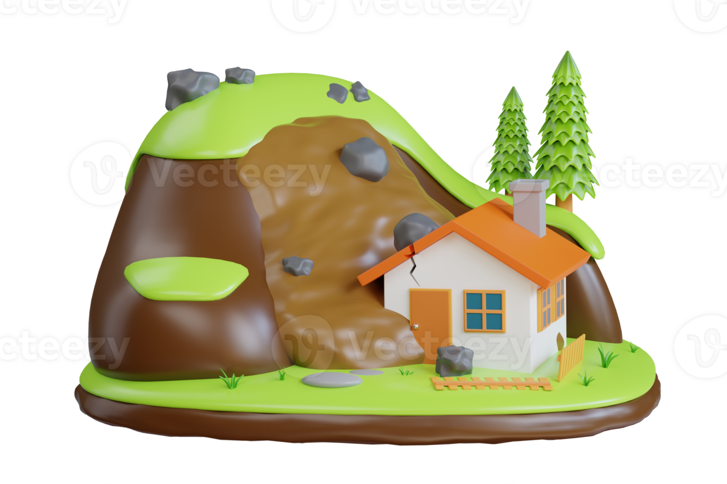 3d landslide disaster. 3d illustration of a natural disaster erosion. Rocks and landslides have severely damaged houses png