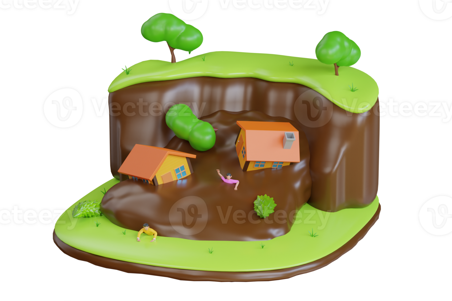 3d illustration of a natural disaster erosion. landslide disaster. Rocks and landslides have severely damaged houses png