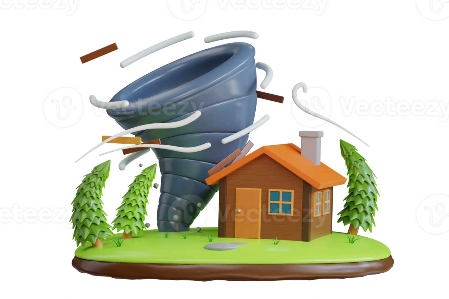 3d tornado destroys house. Tornado hurricanes damages house and trees. Natural disaster 3d illustration png