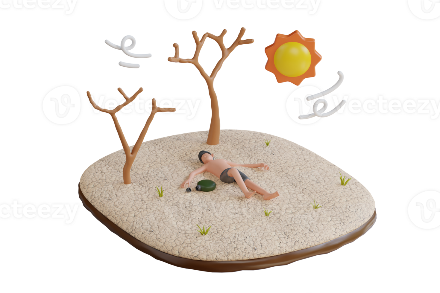 Earth is Dried Up by Sun. Trees and Grass Died, Soil Cracked. He lost consciousness because of the hot sun. Environmental Disaster. 3d illustration png