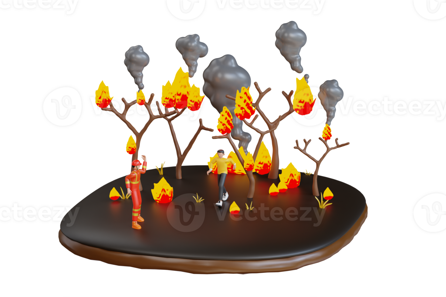 3D Natural disasters forest fires. people running away from flame of burning forest trees. 3d illustration png