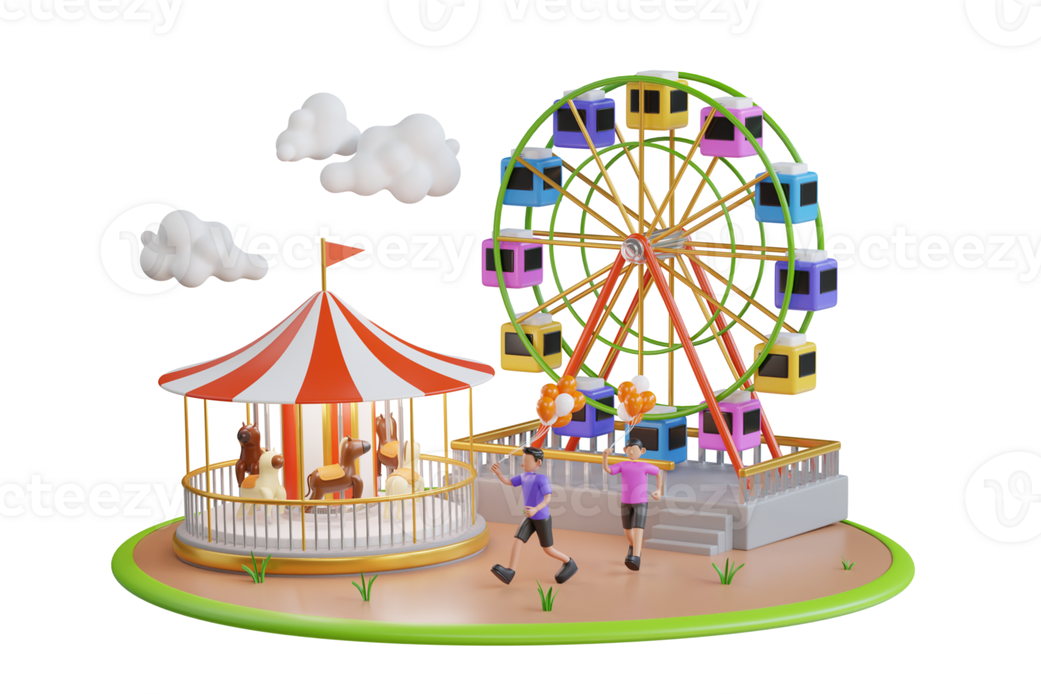 3D Children's amusement outdoor park. Kids playground for children. Theme Park scene with electric cars, ferris wheel, carrousel, trampoline. png