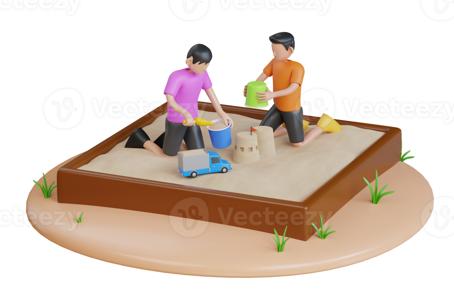 Kinder spielen im das Sandkasten. Sand Grube Kinder- Spielplatz. baut Schlösser von Sand. Kinder- Spielplatz. 3d Illustration png