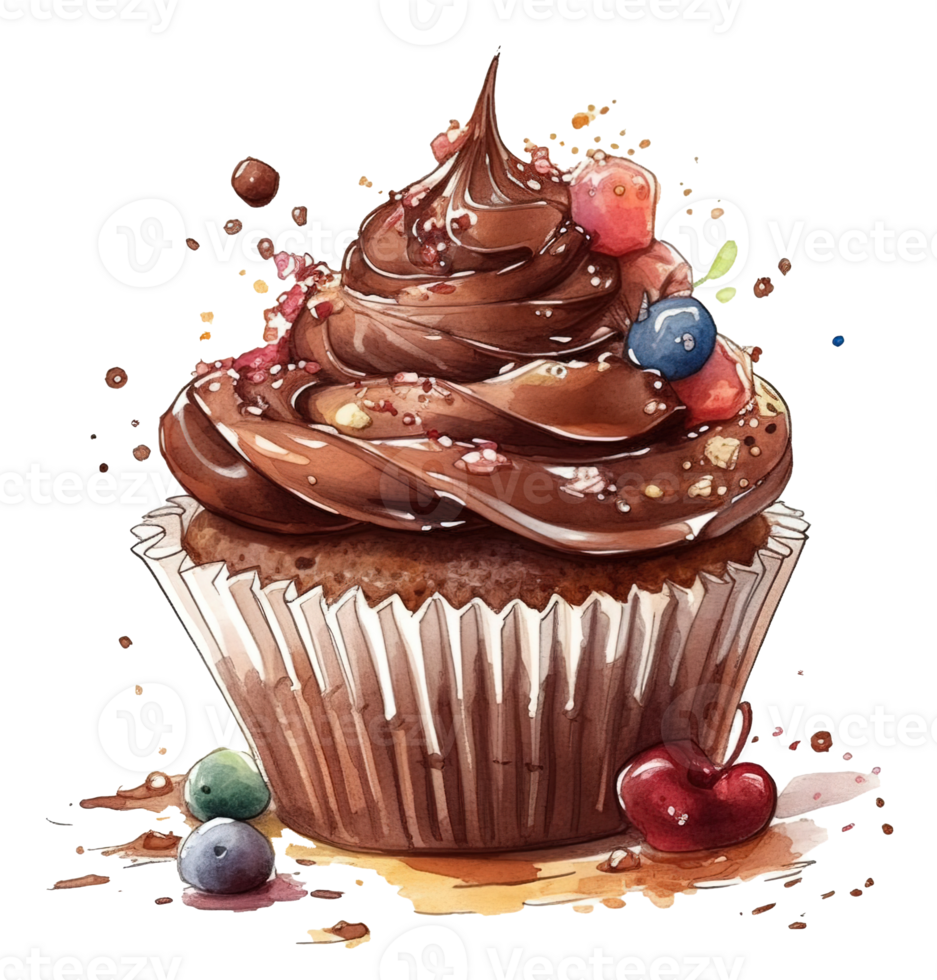 Sweet Chocolate Cupcake with cherry watercolor, isolated object transparent background, watercolor illustration, png