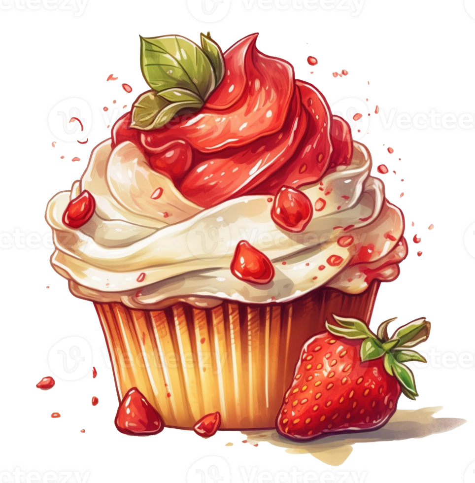 Sweet Red Velvet Cupcake with strawberry watercolor, isolated object transparent background, watercolor illustration, png