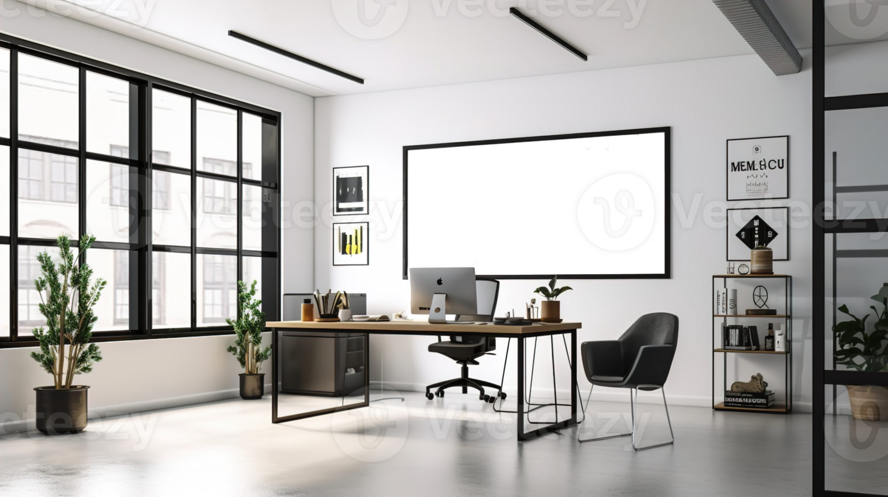 A modern working office style decoration design, with a large wall art frame blank mockup with white background, simple and elegant, luxury style decoration for office workplace, png