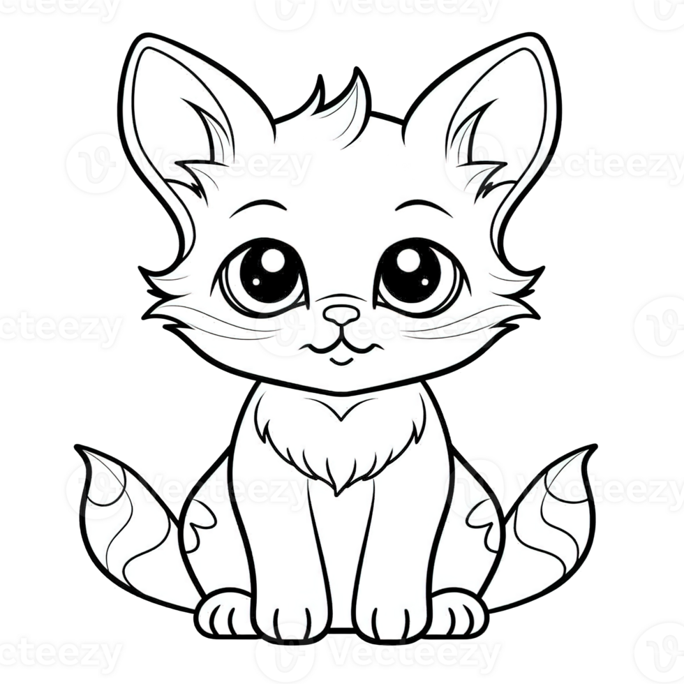 Cute cartoon cat. Coloring book page for children, isolated object, whimsical cartoon drawing illustration png