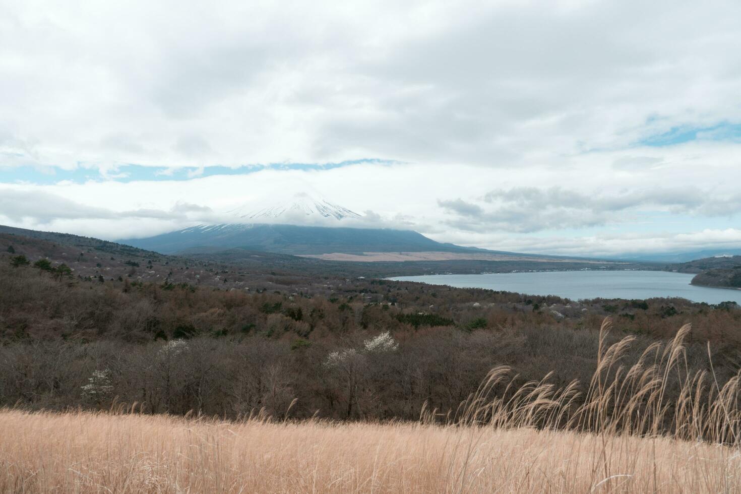 yamanaka lago y monte. fuji visto desde panoramadai ver punto en nublado día foto