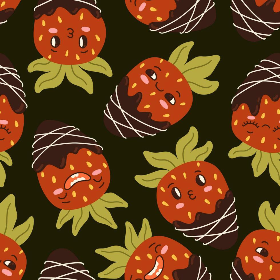 Cartoon strawberry fruit mascot, emoji expressions vector seamless pattern. Funny face food character emoticon chocolate dessert texture.