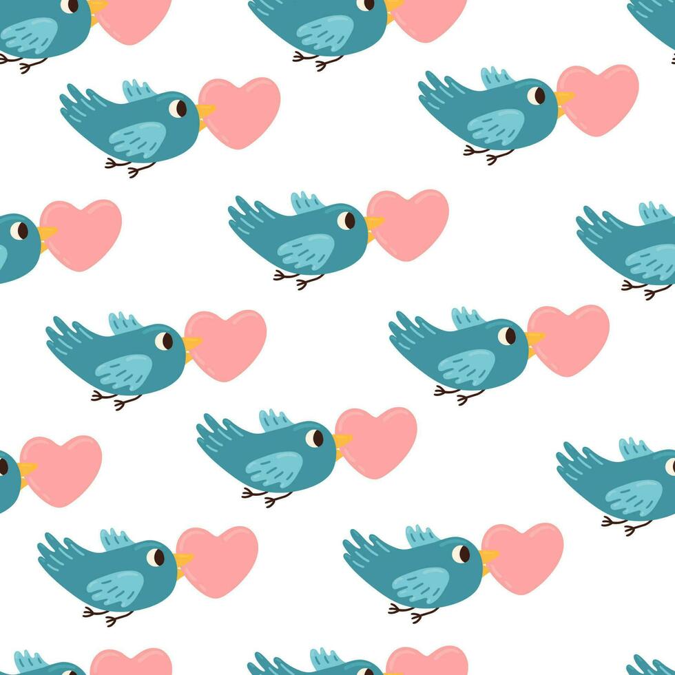 Bird Holding Heart in Its Beak. Valentine Day Celebration. Love Message Vector seamless pattern