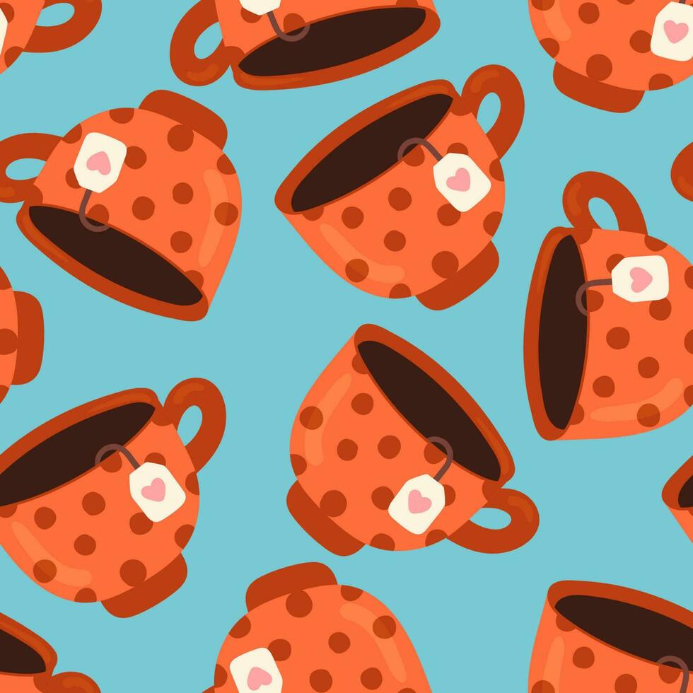 Red cup with hearts texture. Valentine's Day, I love you tea vector seamless pattern