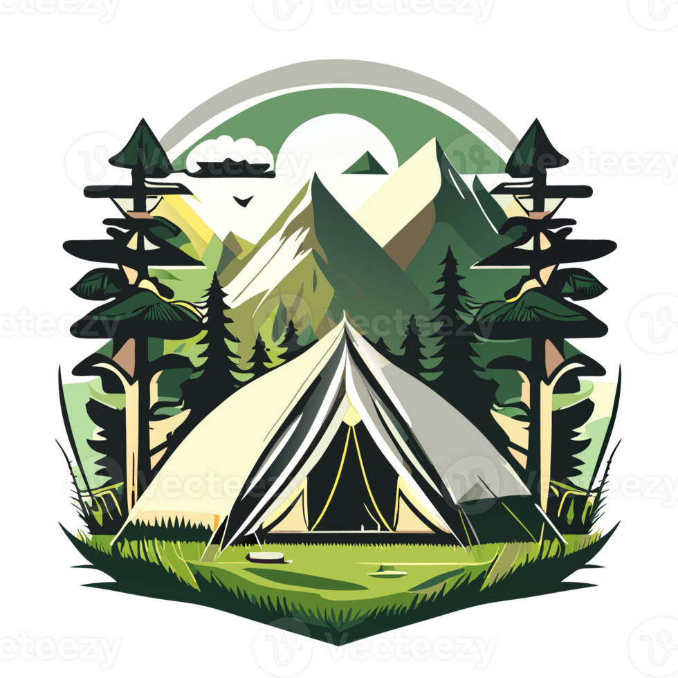 Mountain Camp. Tourist Tent and Bonfire on the Shore at Night. flat design. print design for t shirt png