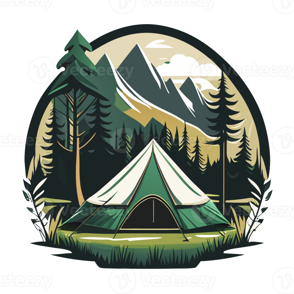 Mountain Camp. Tourist Tent and Bonfire on the Shore at Night. flat design. print design for t shirt png