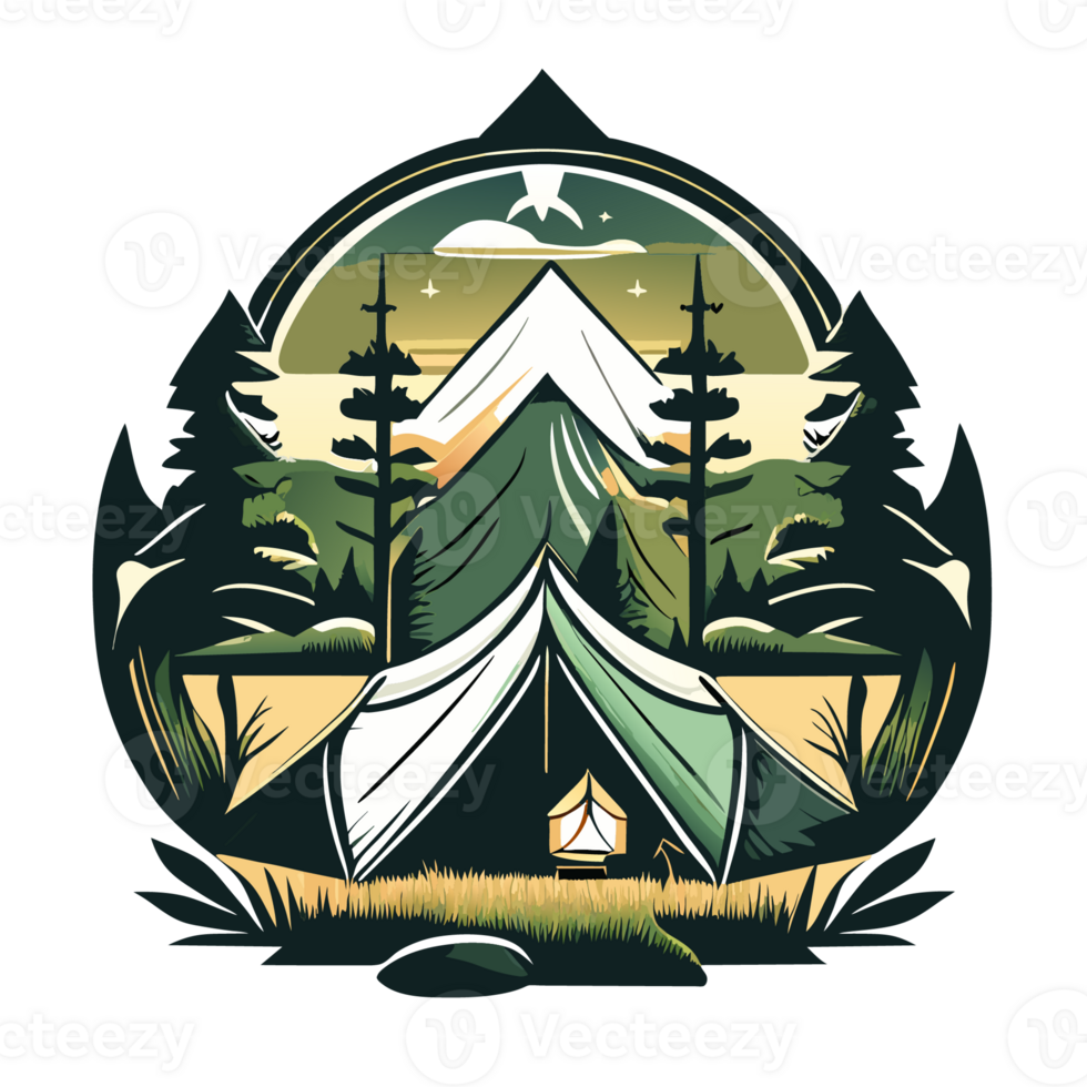 Mountain Camp. Tourist Tent and Bonfire on the Shore at Night. flat design. print design for t shirt png