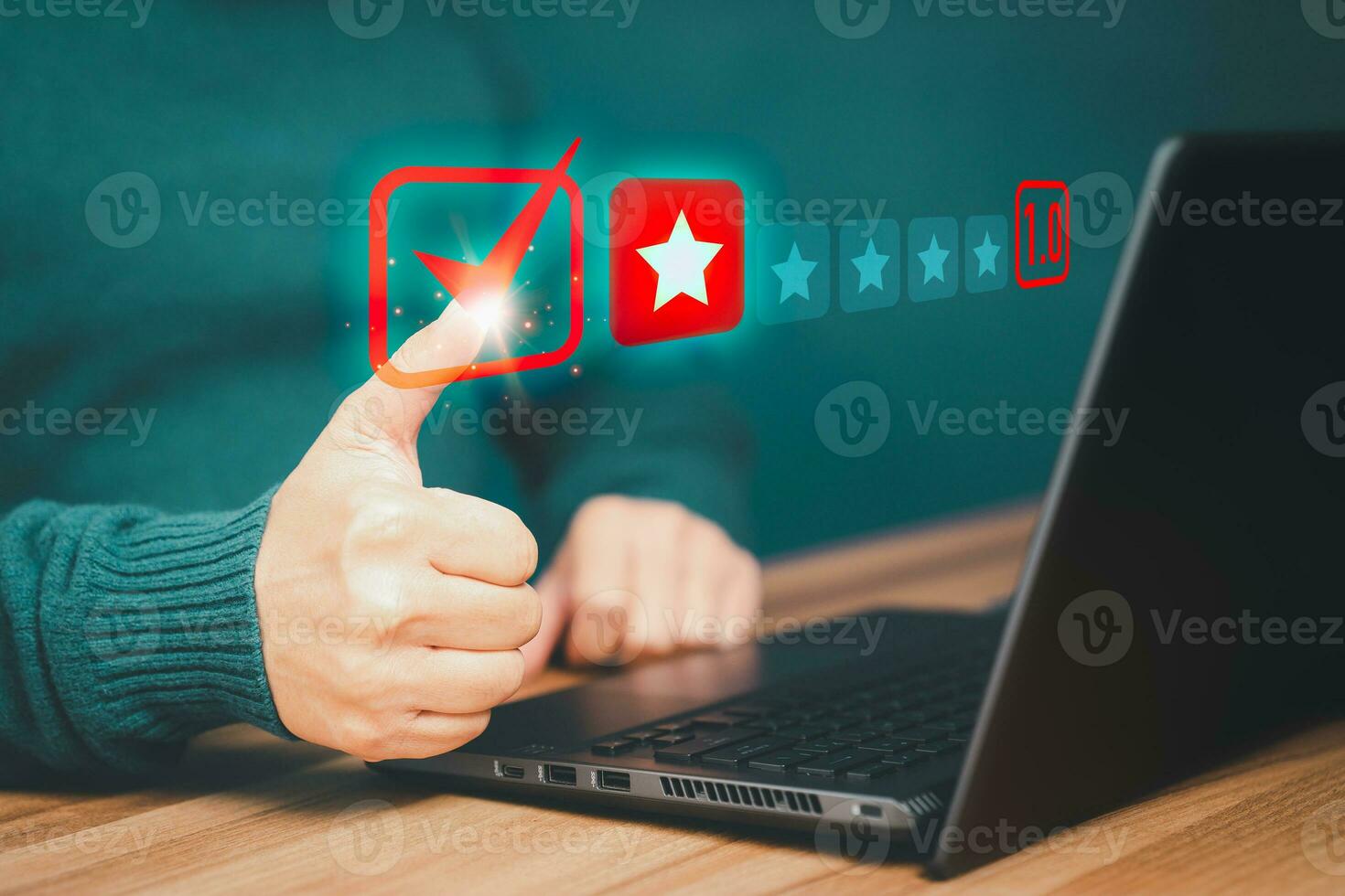 Man client give one star for assessment on virtual screen. Bad review, dislike service and quality, testimonial low rating. Business service concept of customer experience dissatisfied. photo