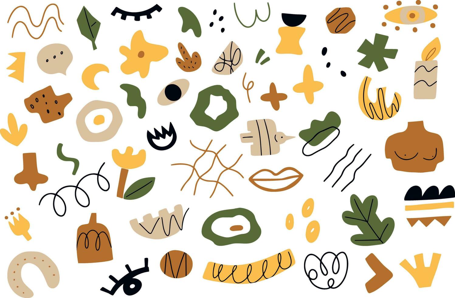 Set of hand drawn abstract shapes. Doodle colored shapes in Matisse style. Vector illustration isolated on white background.
