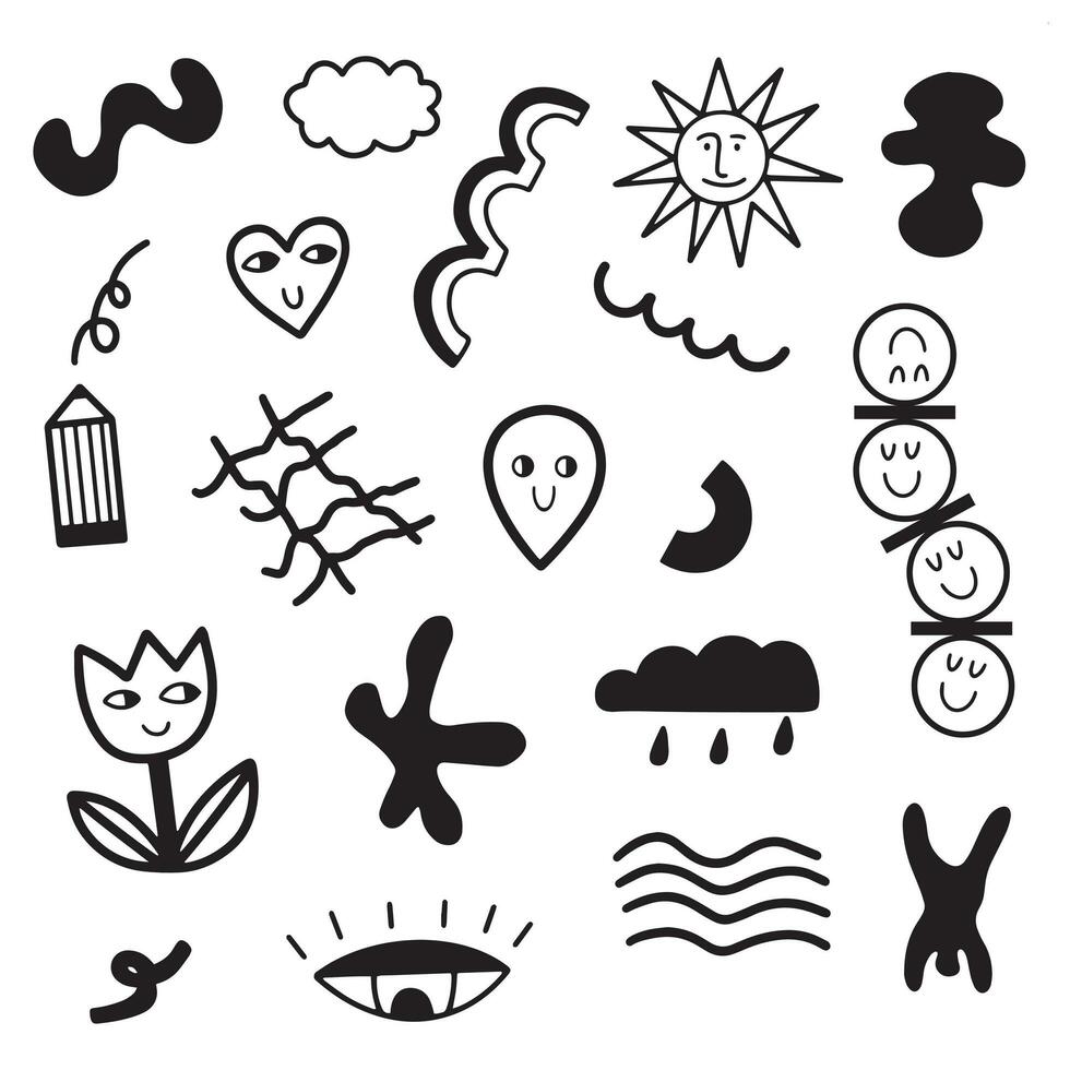 Hand drawn funny abstract shapes. Doodle abstract shapes with eyes and face emotions. Vector illustration isolated on white background.