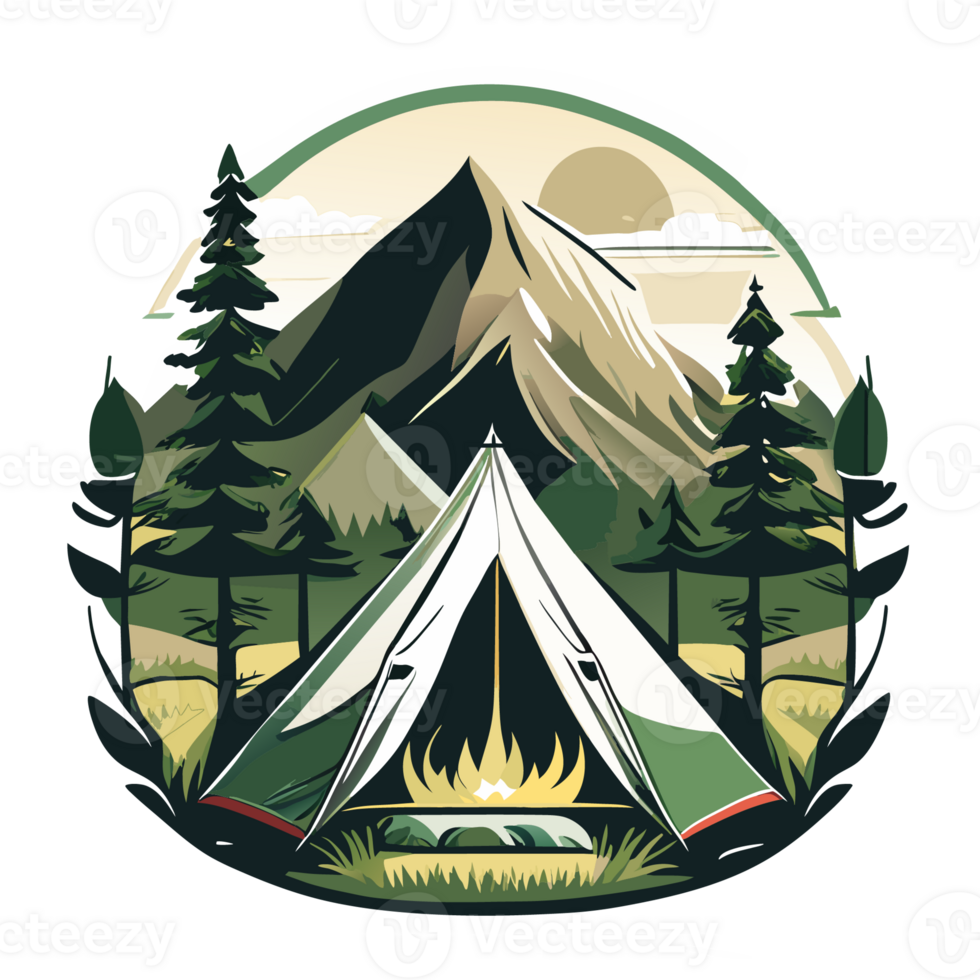 Mountain Camp. Tourist Tent and Bonfire on the Shore at Night. flat design. print design for t shirt png