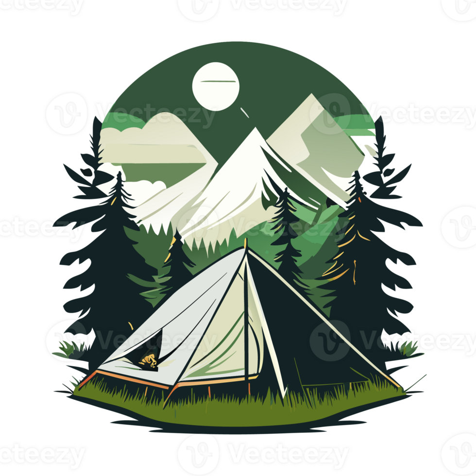 Mountain Camp. Tourist Tent and Bonfire on the Shore at Night. flat design. print design for t shirt png