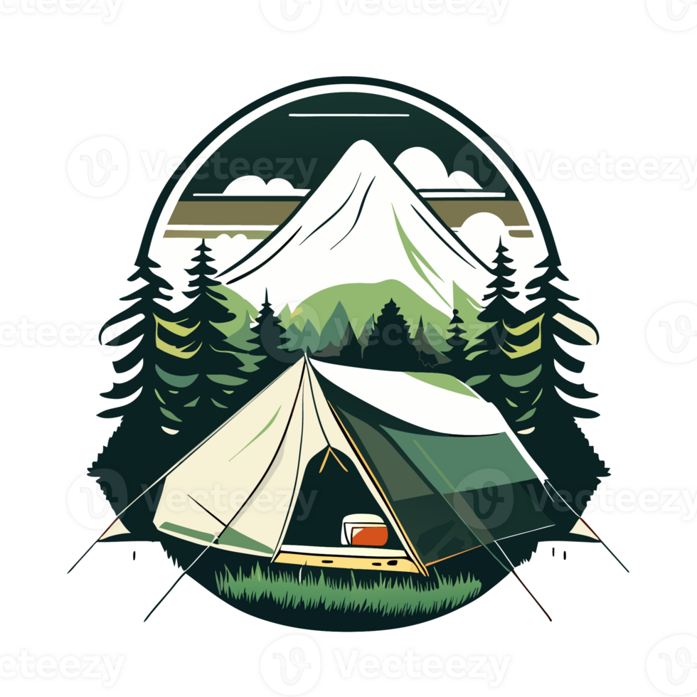 Mountain Camp. Tourist Tent and Bonfire on the Shore at Night. flat design. print design for t shirt png