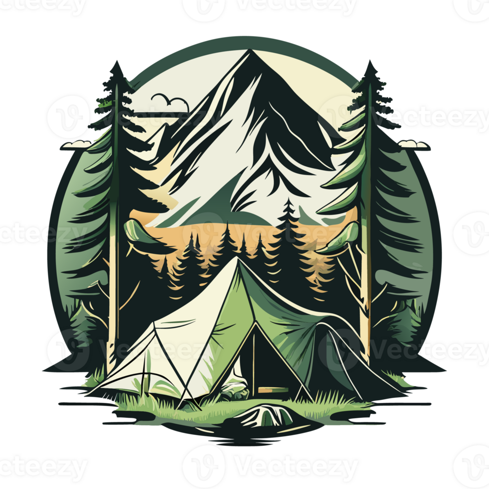 Mountain Camp. Tourist Tent and Bonfire on the Shore at Night. flat design. print design for t shirt png